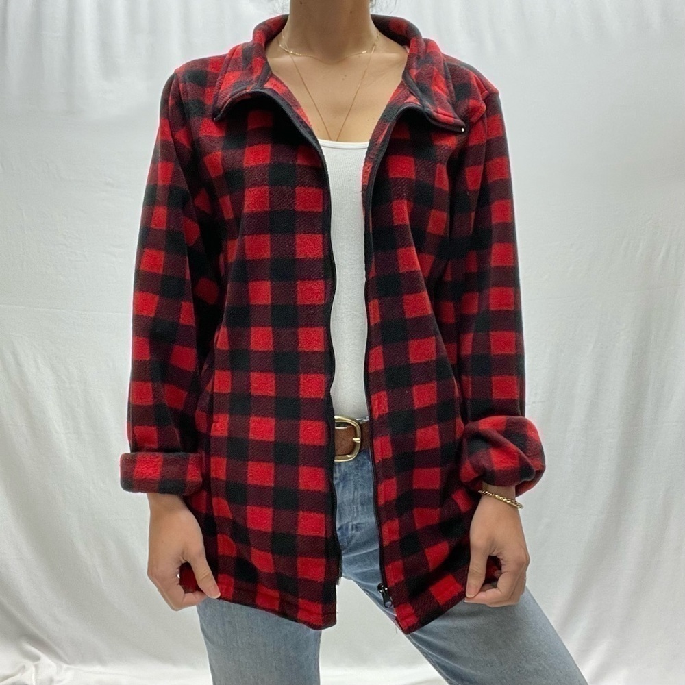 Gingham checkered pattern polar fleece cardigan size L soft warm cozy